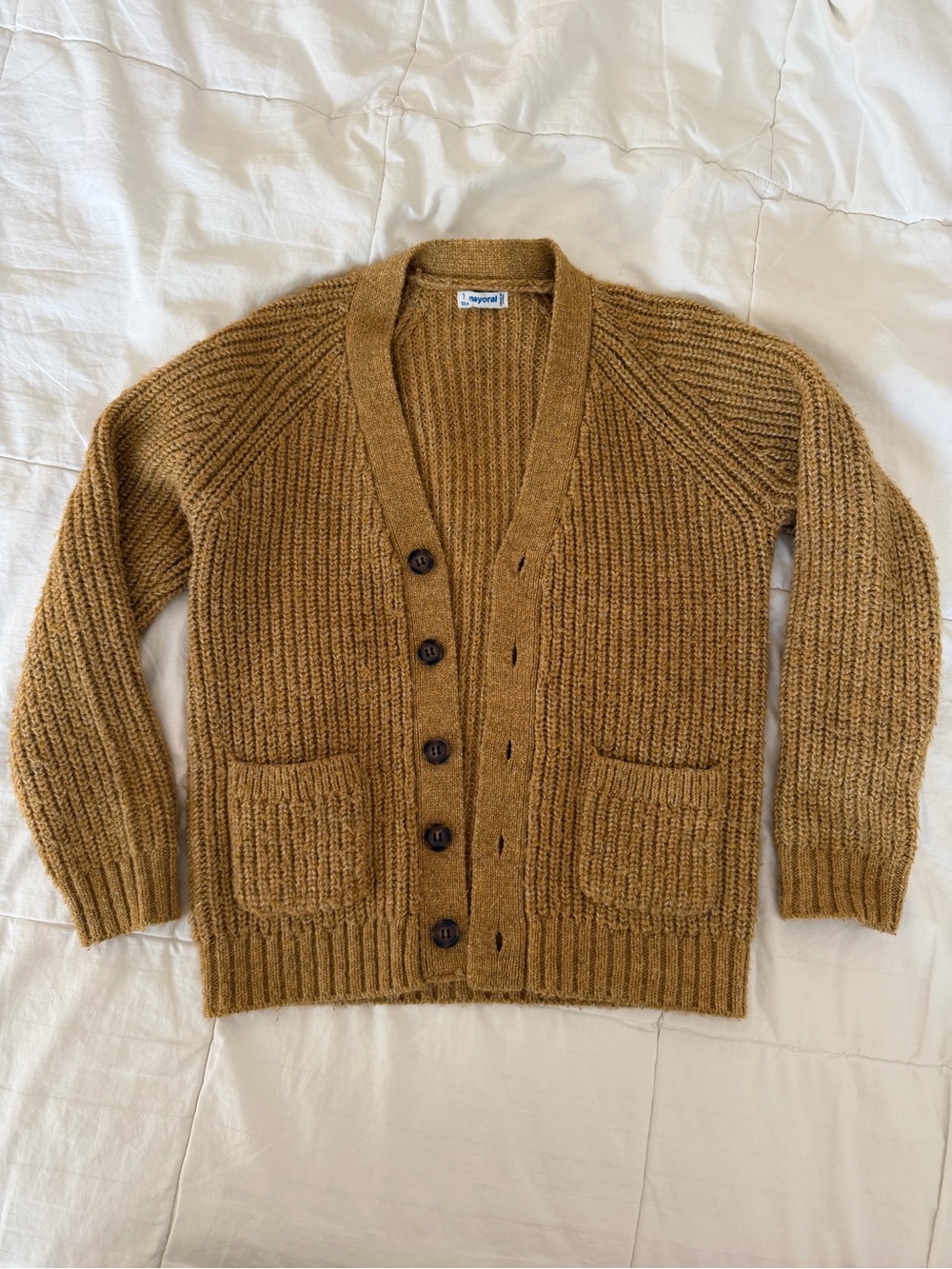 Mayoral, Girls yellow/ mustard Rib-Knit Wool Blend Cardigan Sweater, size 7T